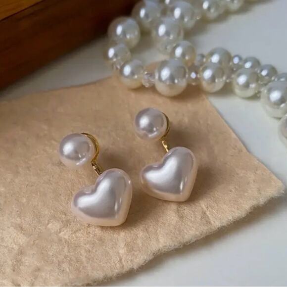 Elegant Pearl Heart Earrings titanium alloy fashion earrings Length 1.2 inches - Picture 3 of 3